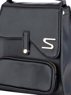 NWT Cise Black Faux Leather Backpack Gold Hardware Front Zip Pocket